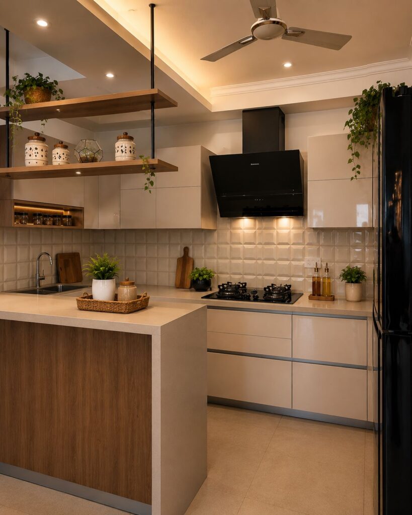 Contemporary modular kitchen with high-gloss cream cabinets, black sloped chimney, 3D tile backsplash, and hanging breakfast bar shelves by Urban Box Studio