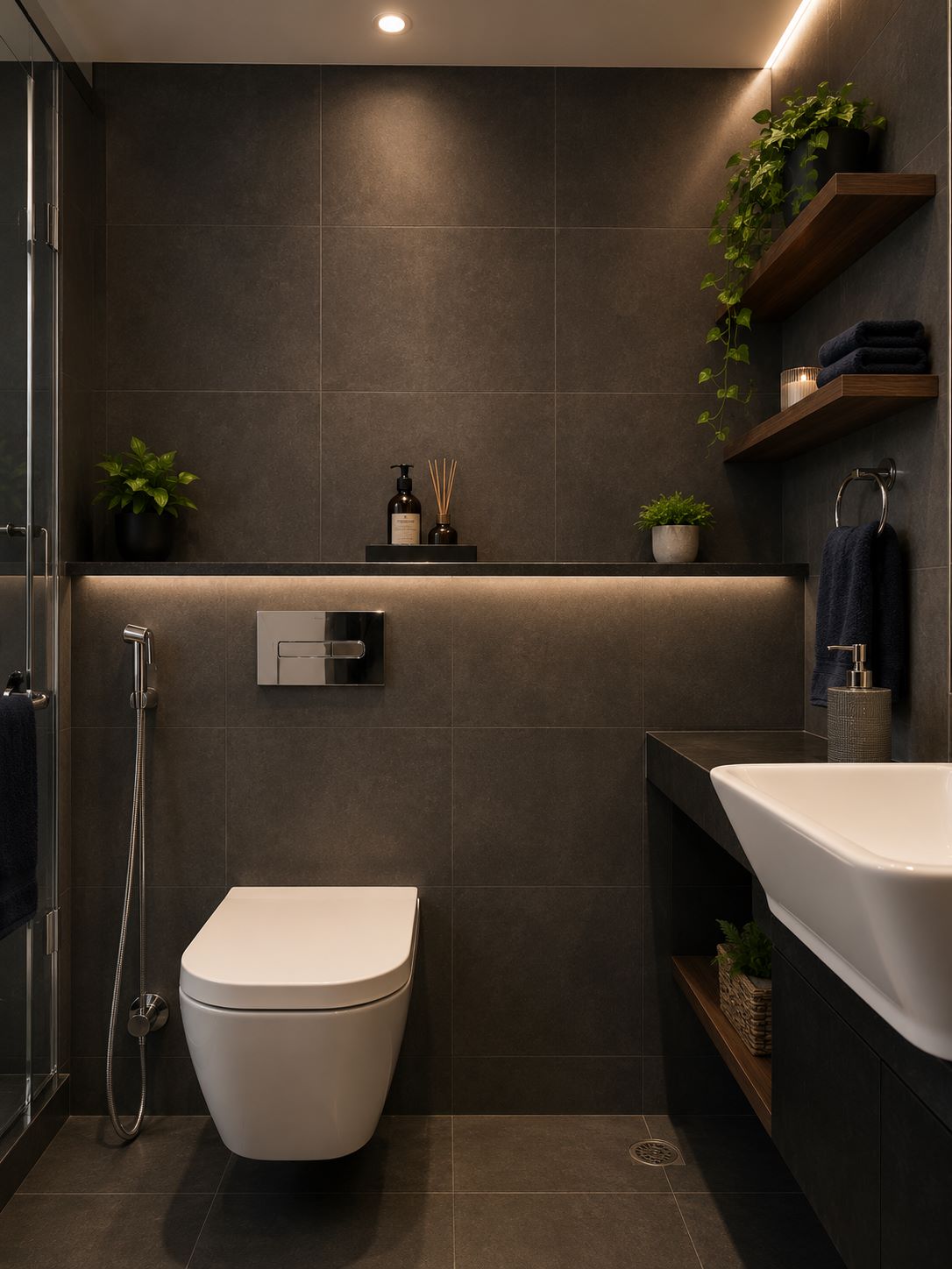 Modern luxury dark grey bathroom with wall-mounted toilet, recessed LED niche shelf, floating wooden shelves, and white vessel sink by Urban Box Studio