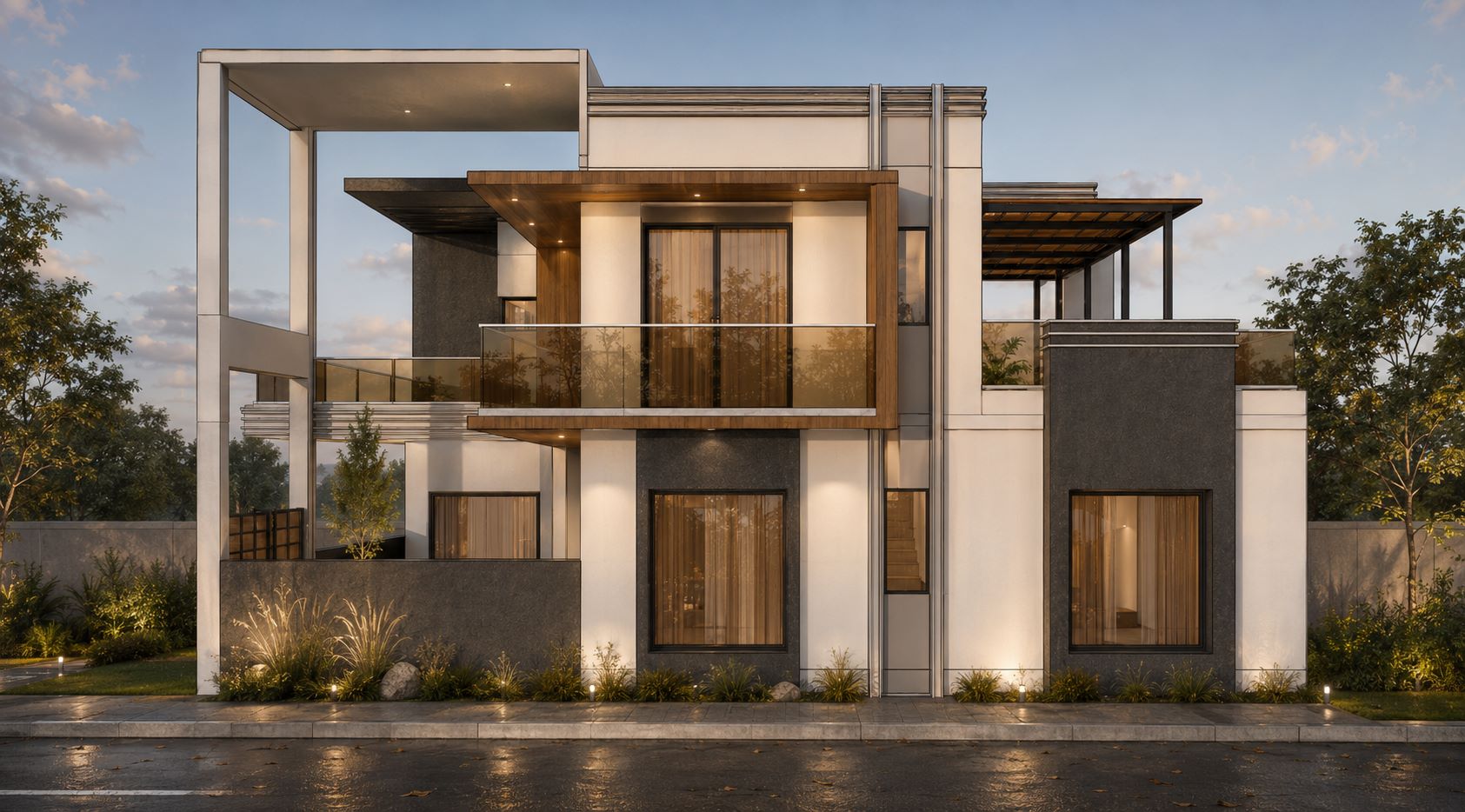 Side architectural view of Mr Dhruv Residence Sohna featuring dark stone wall cladding, second floor balcony frame, and upper terrace pergola by Urban Box Studio