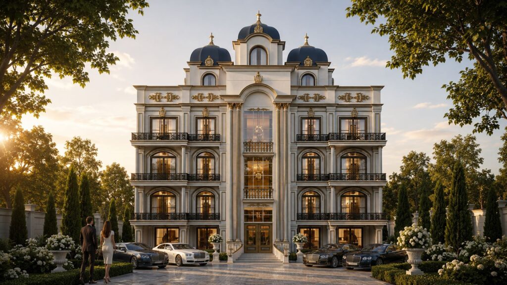 Neoclassical multi-story luxury mansion exterior rendering with domes, grand entrance, and luxury vehicles by Urban Box Studio