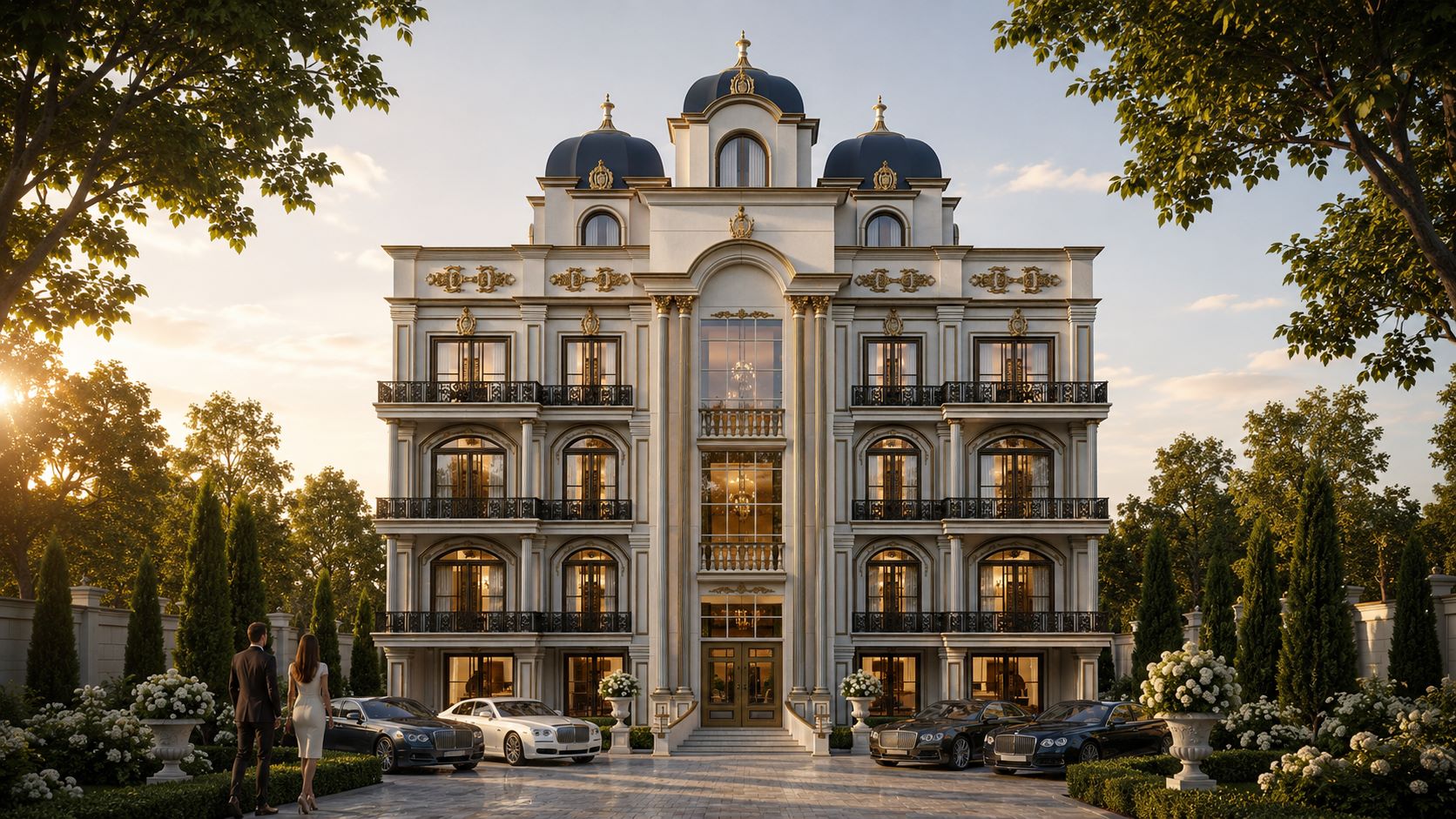 Neoclassical multi-story luxury mansion exterior rendering with domes, grand entrance, and luxury vehicles by Urban Box Studio