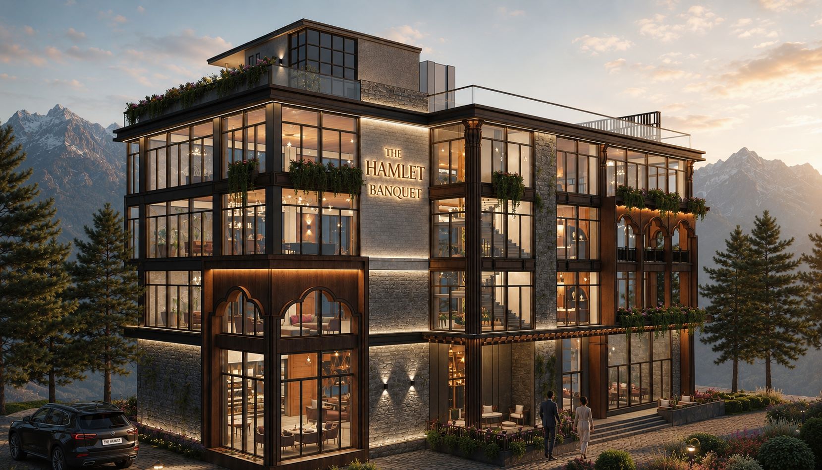 The Hamlet Banquet Kasauli exterior architectural rendering featuring glass facade, stone masonry, and Himalayan mountain view by Urban Box Studio