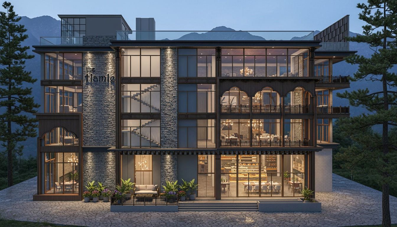 Front elevation rendering of The Hamlet Banquet in Kasauli with illuminated interiors, glass stairwell, and wooden arches by Urban Box Studio