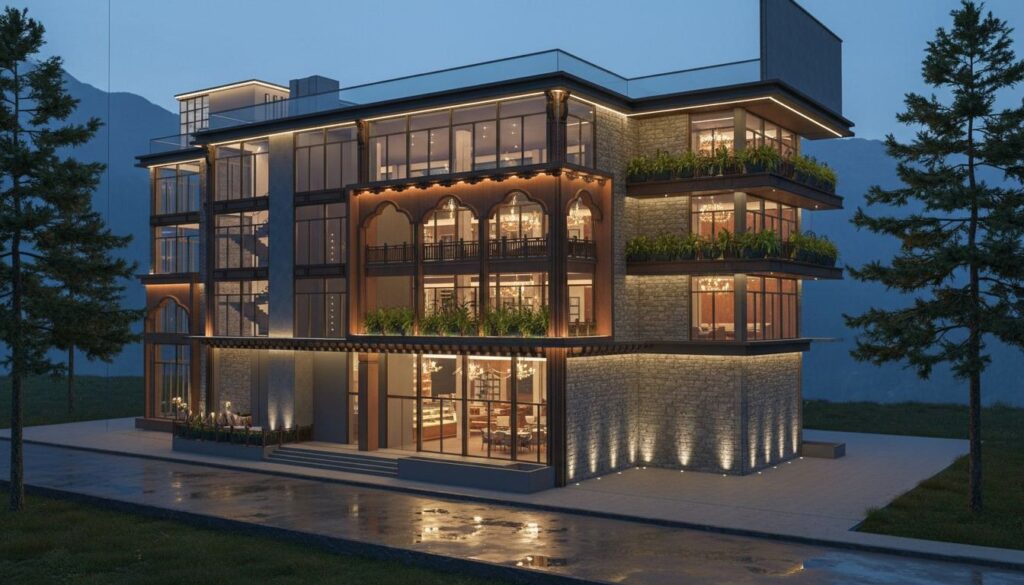 Night view architectural rendering of The Hamlet Banquet Kasauli showing exterior warm LED lighting and stone facade by Urban Box Studio
