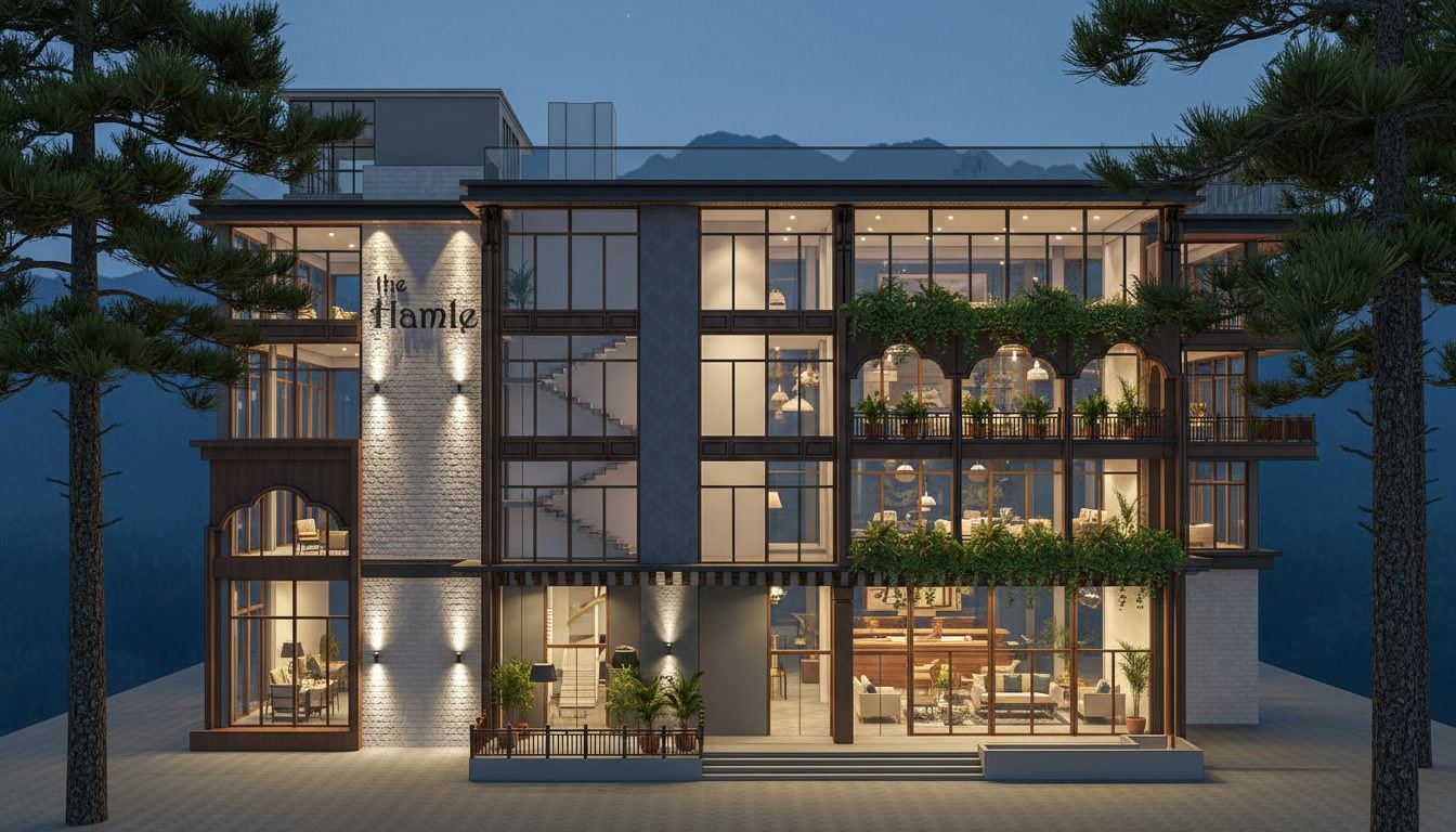 Front view of The Hamlet Banquet Kasauli showcasing lush balcony planters, warm indoor lighting, and pine trees by Urban Box Studio