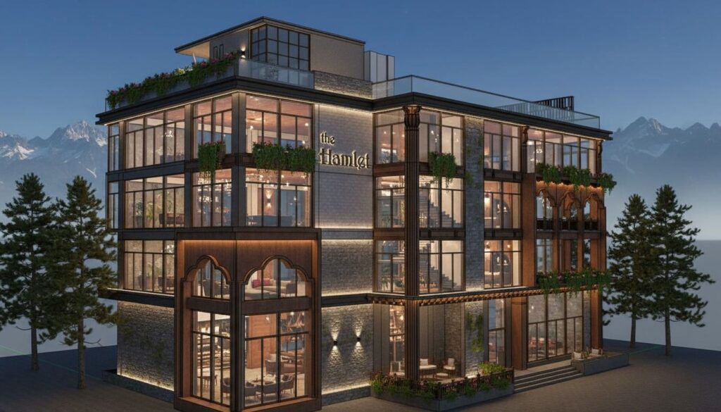 3D perspective render of The Hamlet Banquet Kasauli with rooftop terrace and mountain background by Urban Box Studio