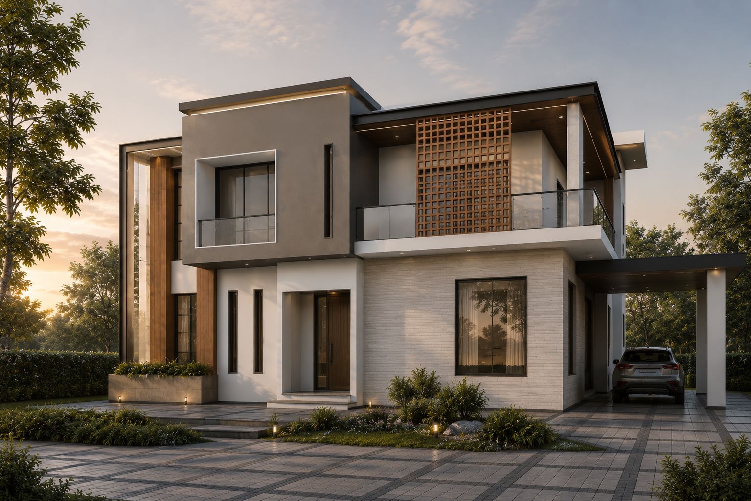 Modern two-story minimalist villa architecture featuring stone cladding, wooden jaali screen, and covered carport by Urban Box Studio