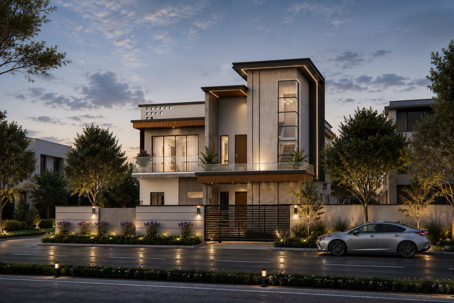 Ultra-modern two-story luxury house elevation with vertical glass window, ambient LED accent lighting, and private entrance gate