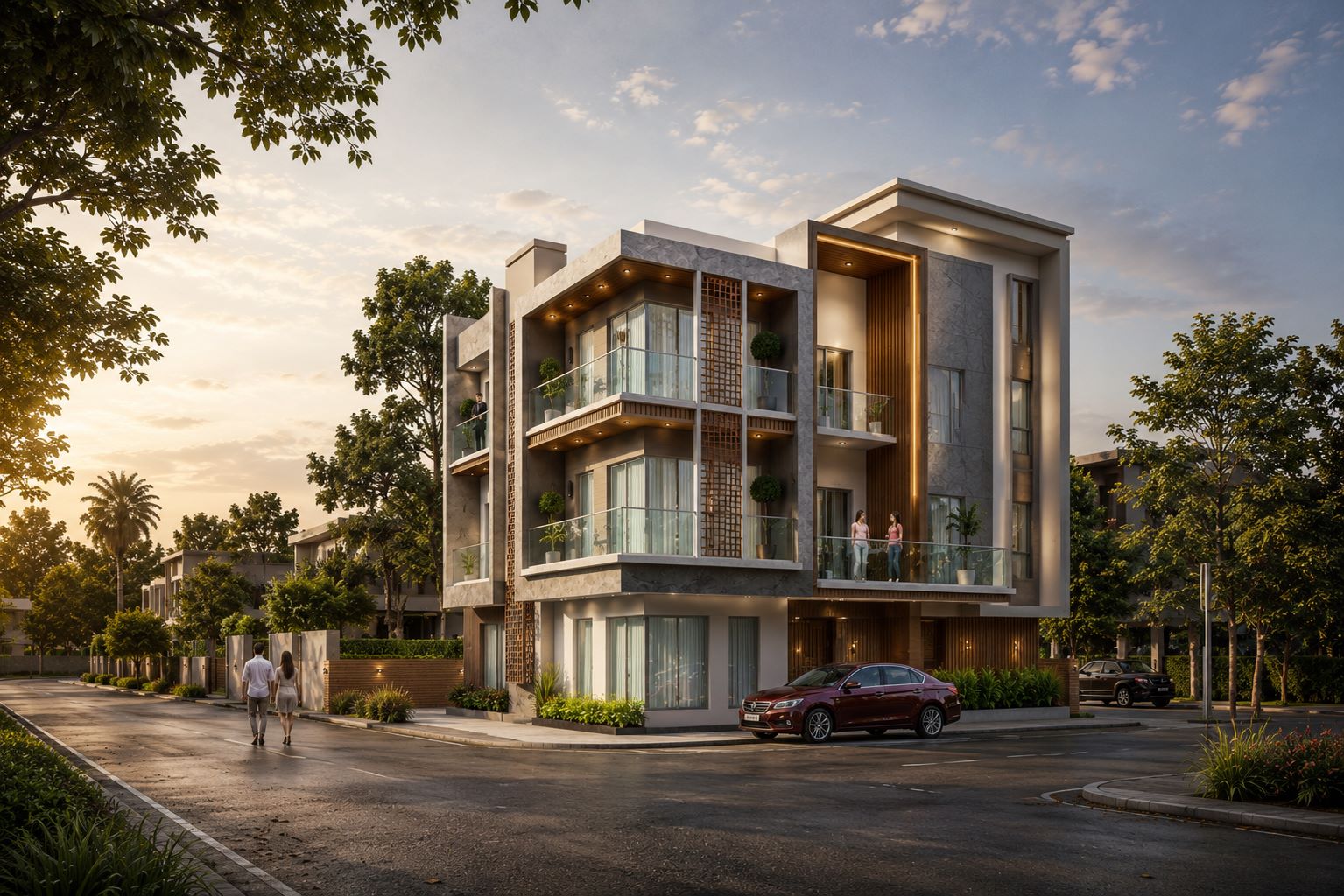 Modern three-story luxury corner apartment building elevation featuring glass balconies and wood louvers by Urban Box Studio