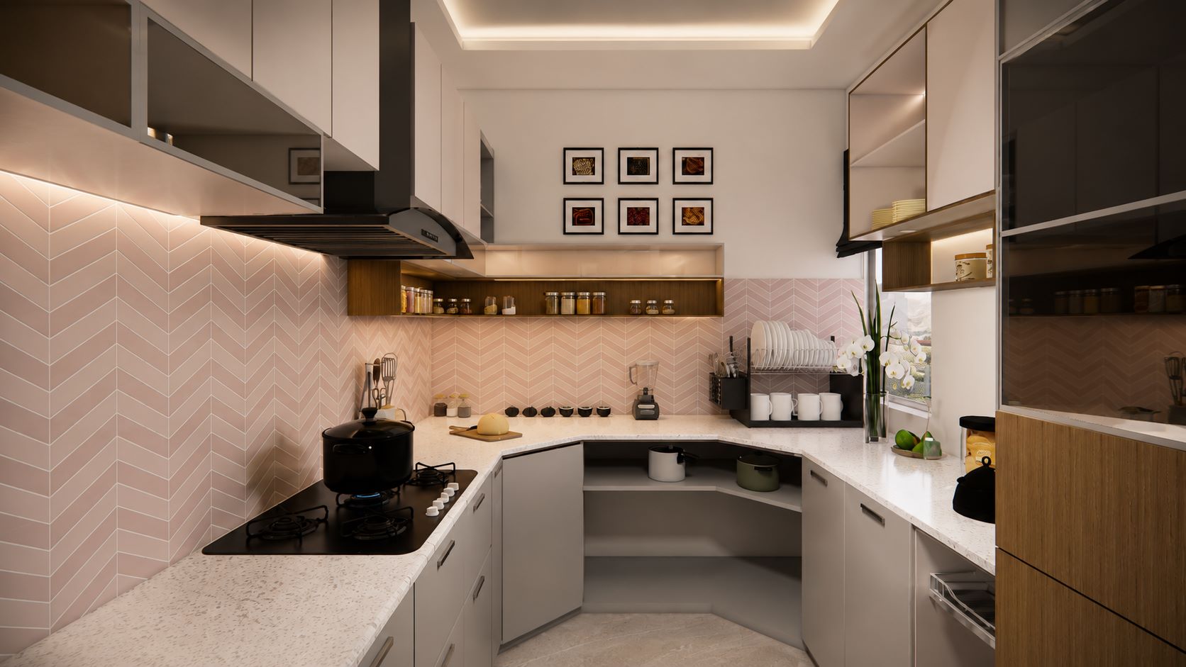 Parallel modular kitchen layout with corner storage, herringbone tile backsplash, and open shelving by Urban Box Studio