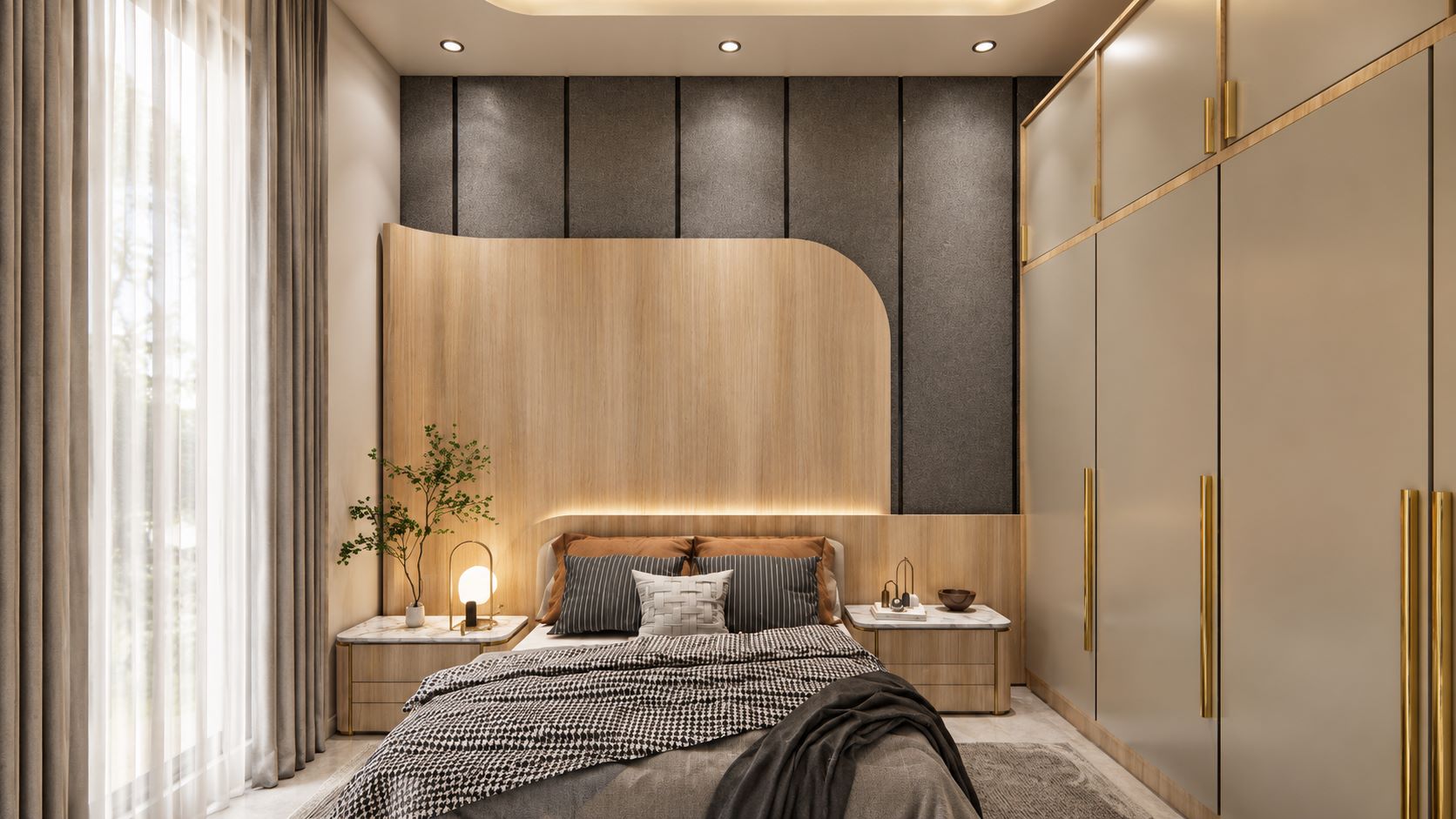 Modern luxury bedroom with curved wood acoustic panel headboard, dark grey accent wall, and built-in wardrobe by Urban Box Studio