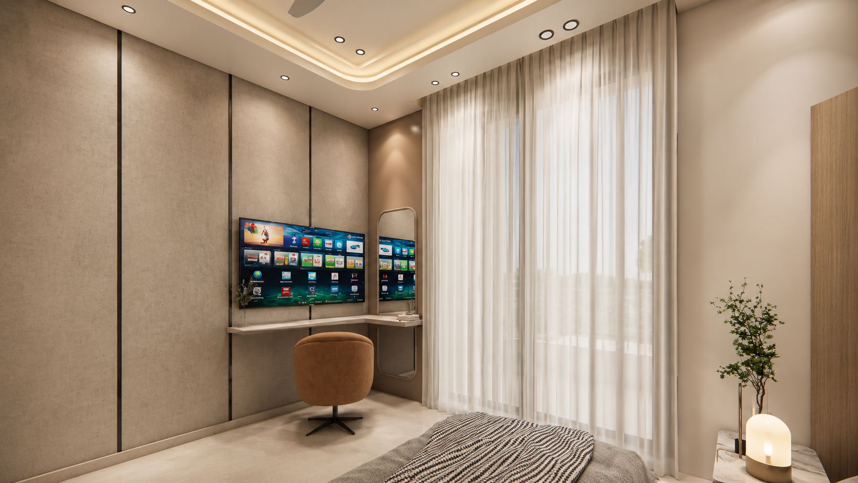 Bedroom TV feature wall with floating vanity unit, rounded wall mirror, and sheer curtains by Urban Box Studio