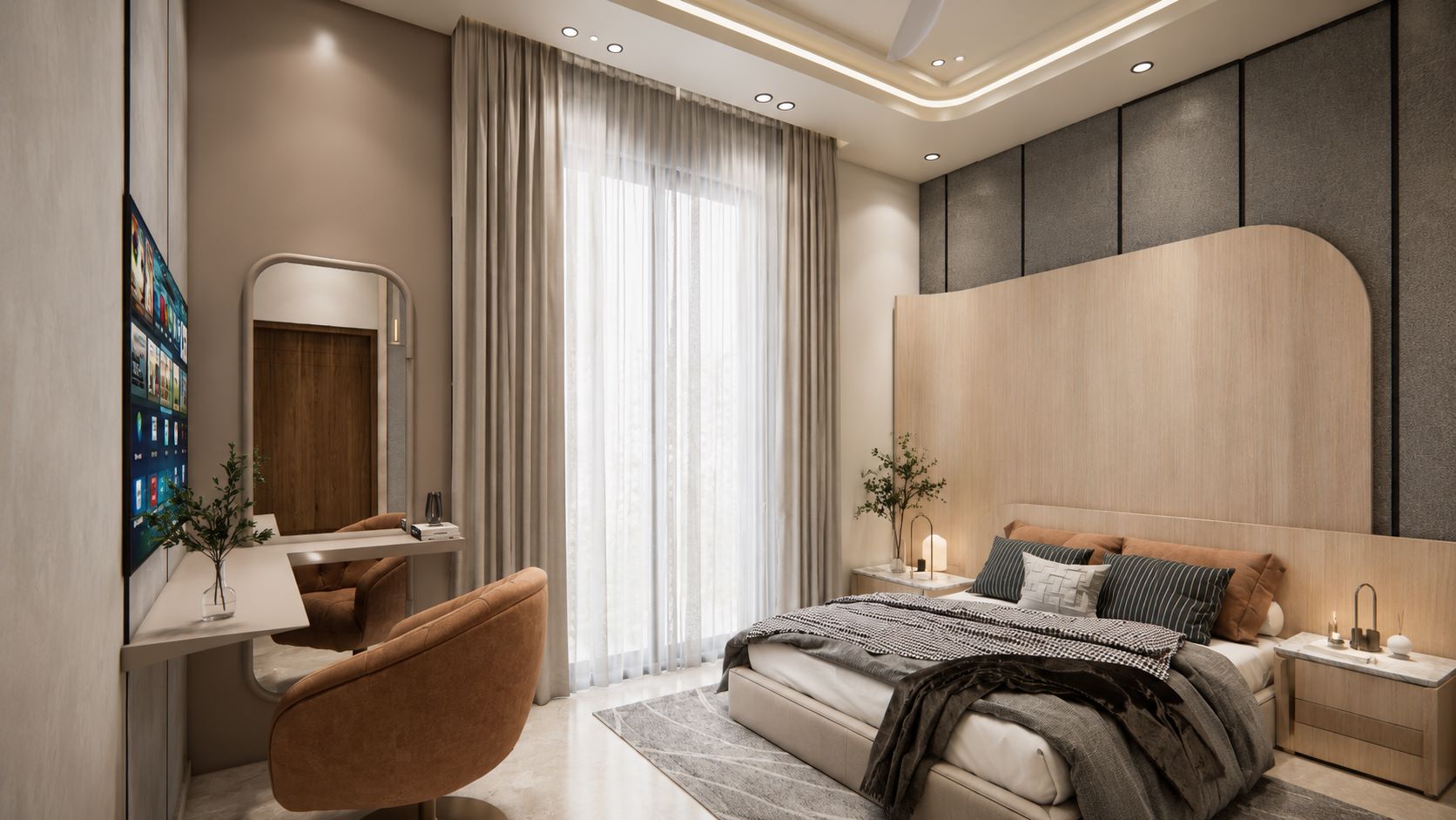 Full view of master bedroom with king bed, tan accent chair, vanity table, and custom headboard by Urban Box Studio