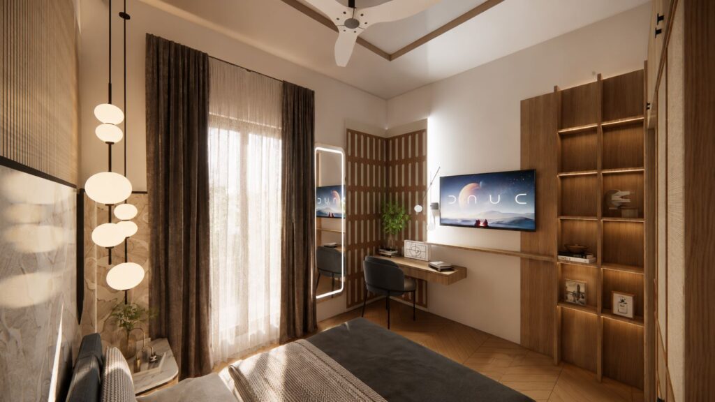 Contemporary bedroom study nook with back-lit open shelving, floating desk, and cascading pendant lights by Urban Box Studio