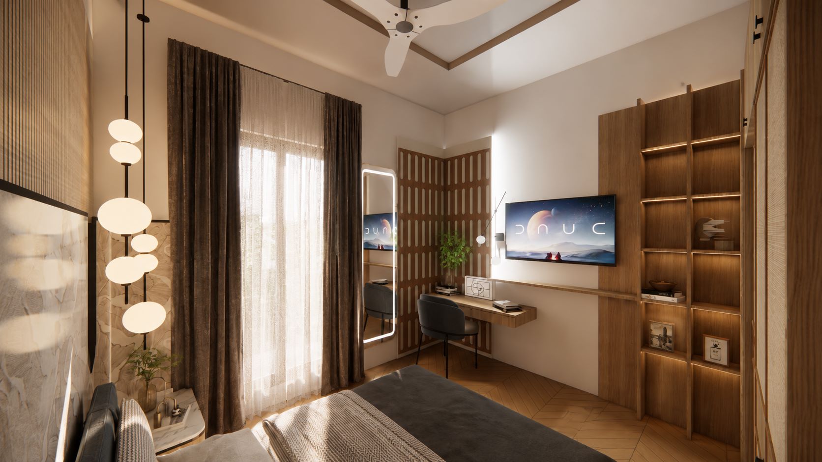 Contemporary bedroom study nook with back-lit open shelving, floating desk, and cascading pendant lights by Urban Box Studio