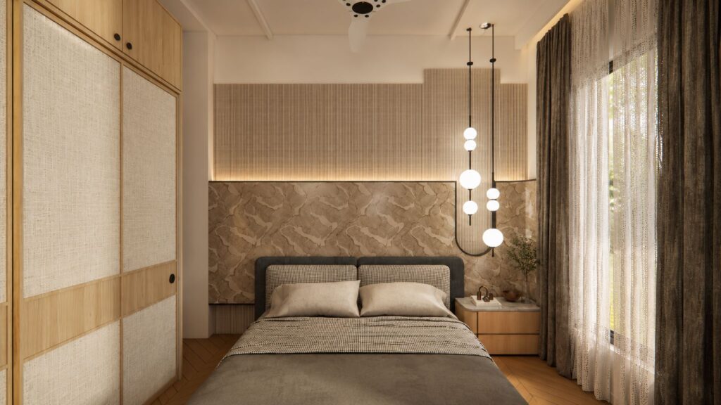 Bedroom interior featuring cane weave sliding wardrobe doors, marble texture headboard wall, and modern pendant lamps by Urban Box Studio