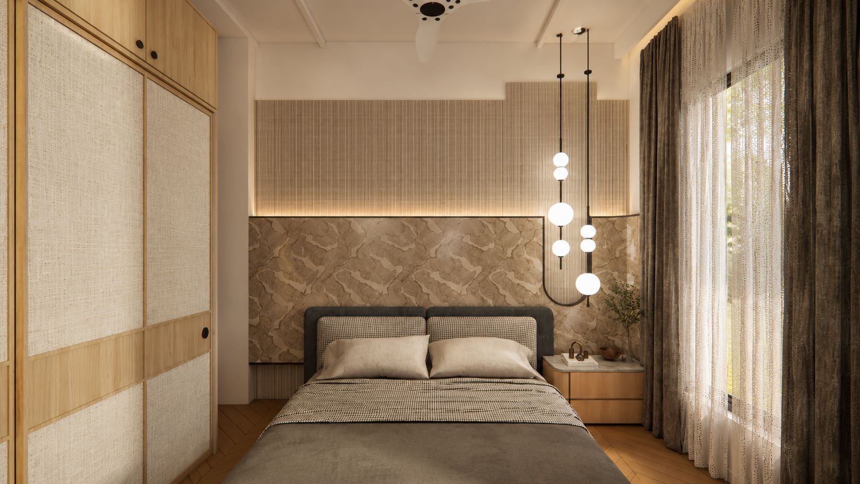Bedroom interior featuring cane weave sliding wardrobe doors, marble texture headboard wall, and modern pendant lamps by Urban Box Studio