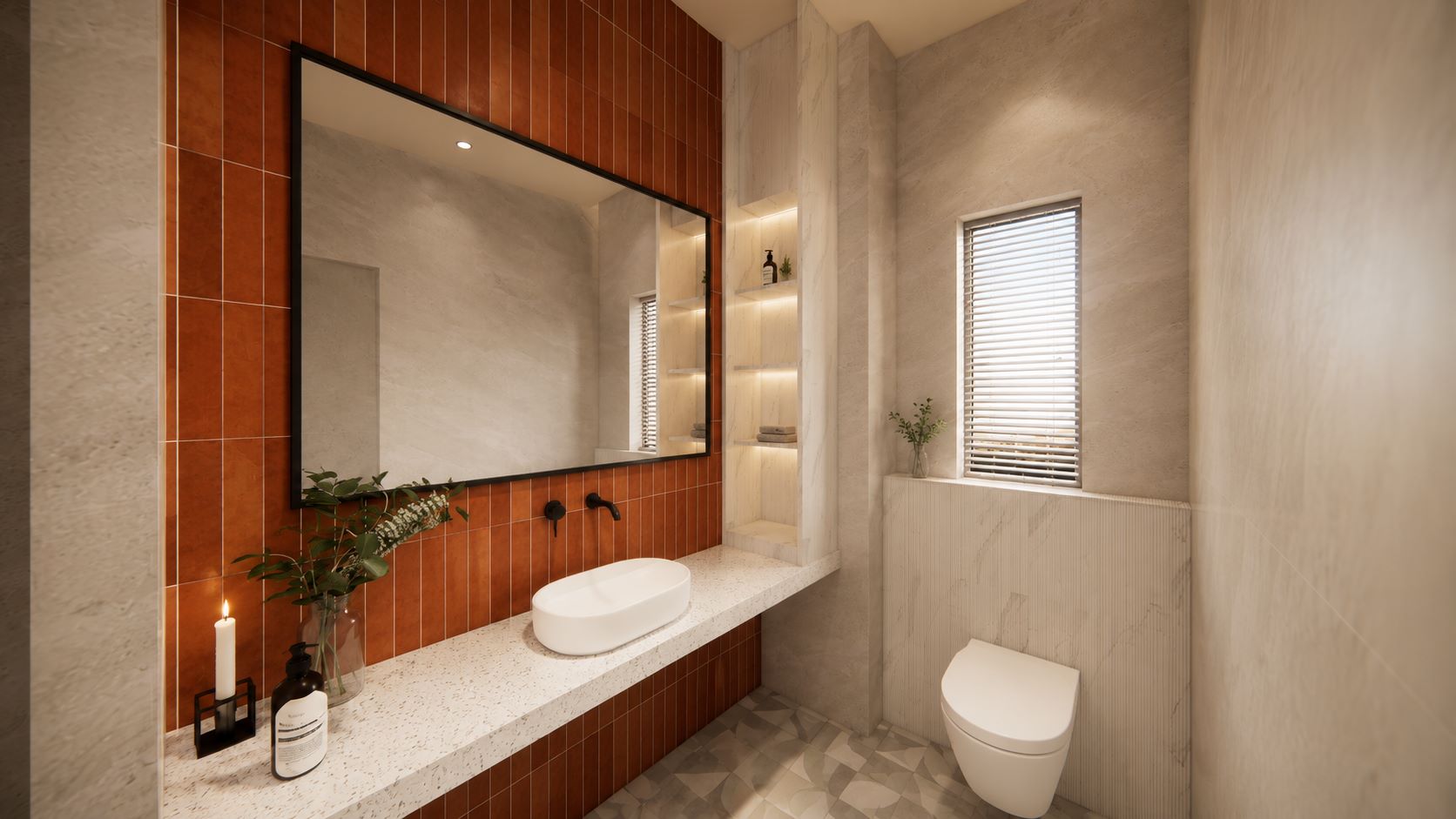 Contemporary bathroom design with terracotta subway tiles, terrazzo countertop, white vessel sink, and large wall mirror by Urban Box Studio