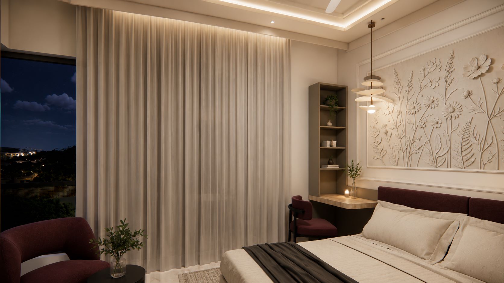 Luxury bedroom interior with floral bas-relief headboard art, study nook, and deep plum accent chairs by Urban Box Studio