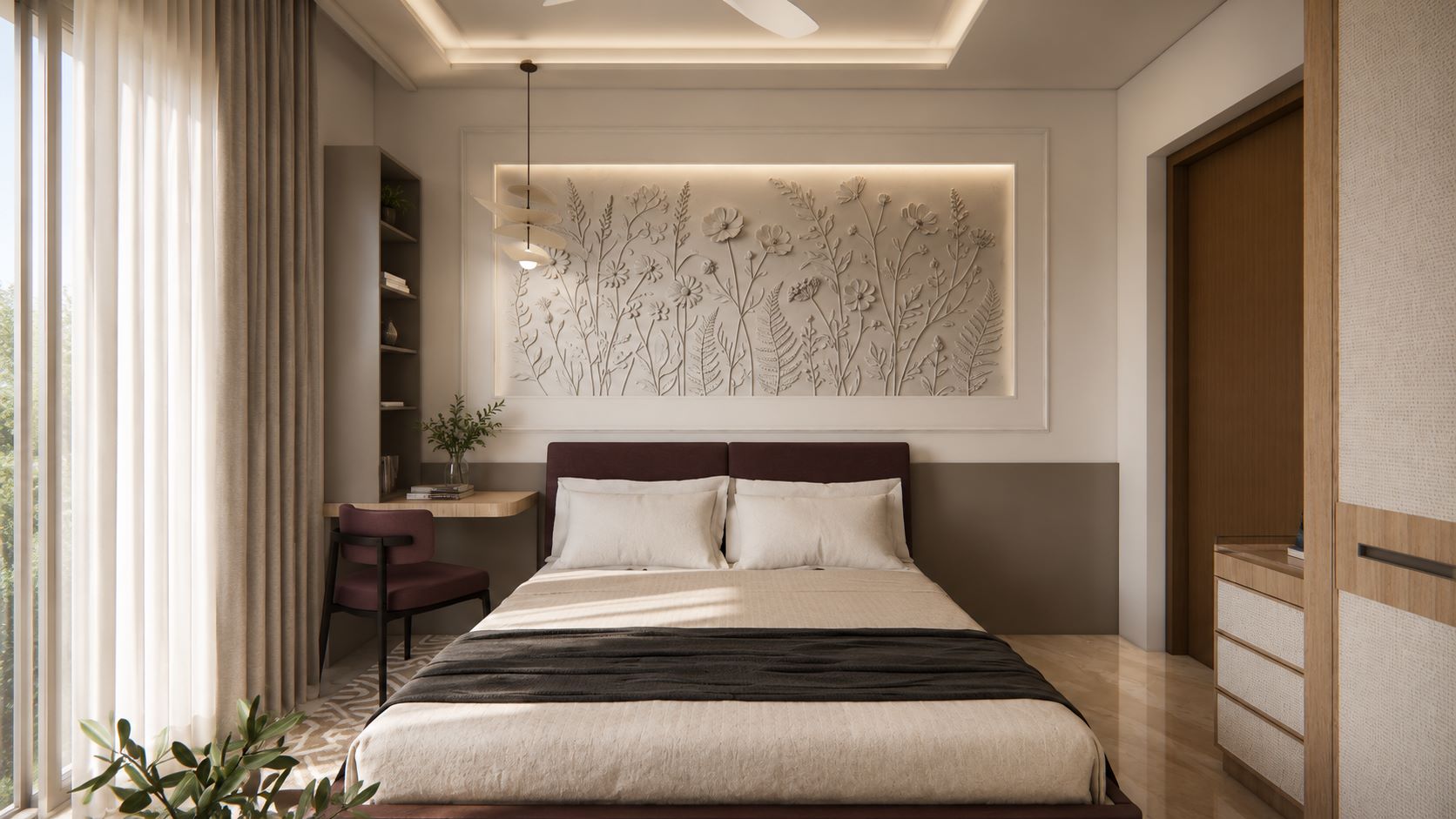 Guest bedroom layout with floral bas-relief accent wall, burgundy headboard, study desk, and floating multi-tier pendant lamp by Urban Box Studio