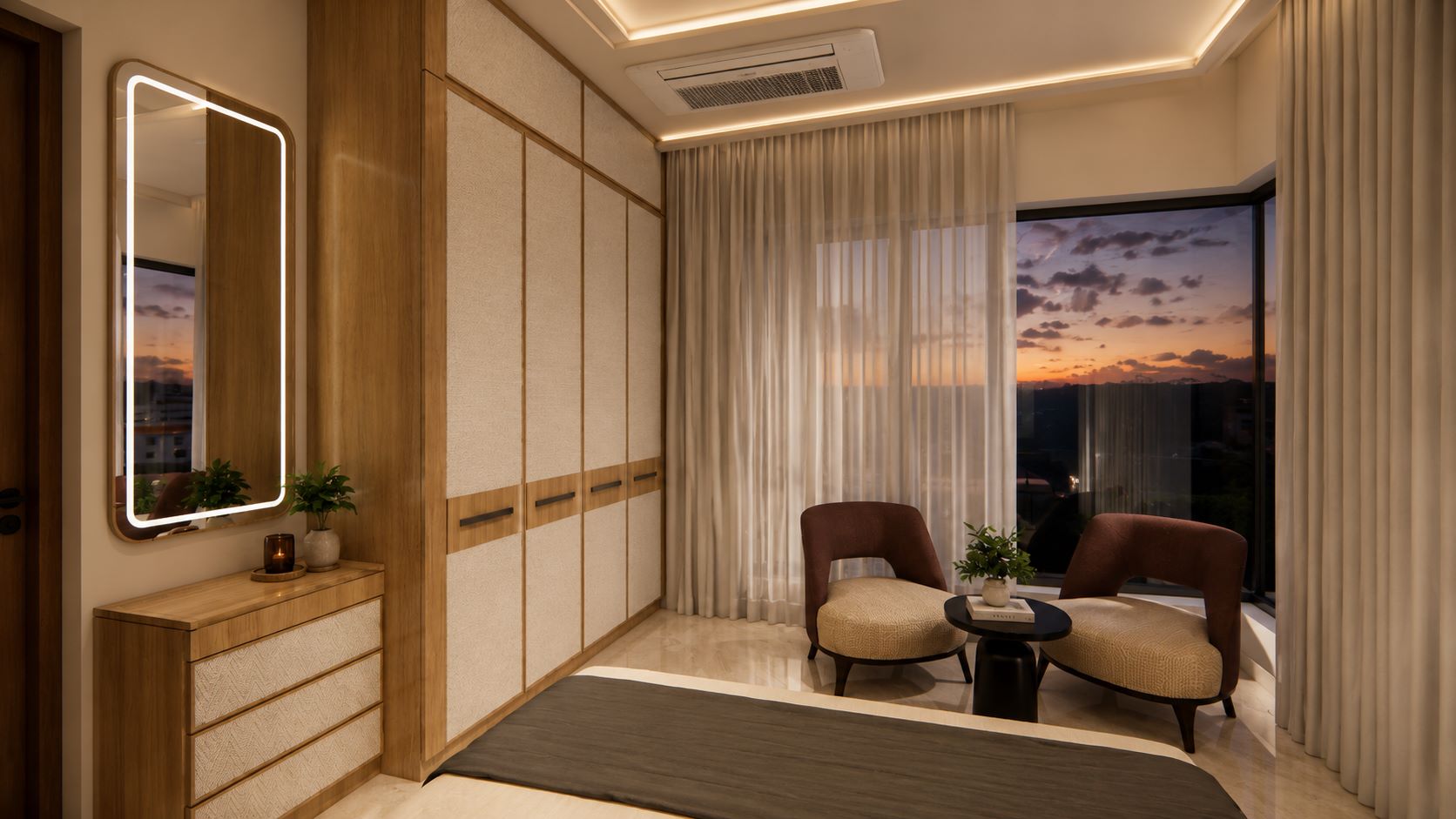 Bedroom lounge area with two accent armchairs, vanity mirror with ambient light, and cane wardrobe by Urban Box Studio