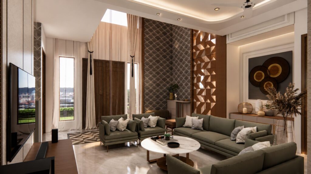 Double height living room corner with fan-patterned feature wall, wooden jali screen, and floor to ceiling curtains by Urban Box Studio