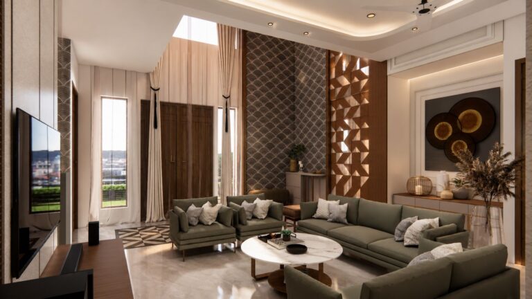 Double height living room corner with fan-patterned feature wall, wooden jali screen, and floor to ceiling curtains by Urban Box Studio