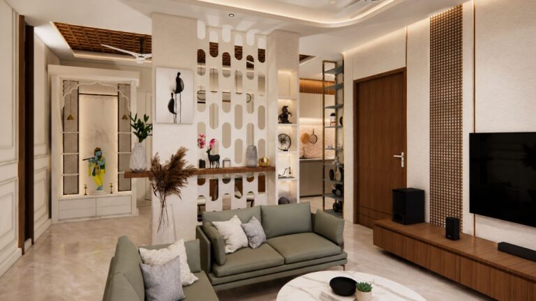 Modern home temple pooja unit next to living room with white marble mandir and cutout partition wall by Urban Box Studio