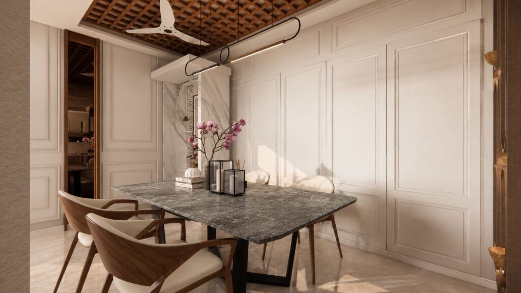 Modern luxury dining room interior featuring grey marble table, wooden chairs, coffered ceiling, and wainscoting walls by Urban Box Studio
