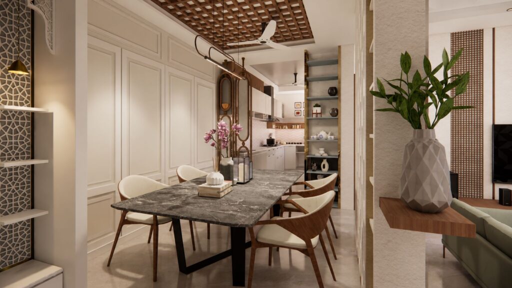 Open concept dining and kitchen layout with marble dining table, decorative partition, and wooden ceiling grid by Urban Box Studio