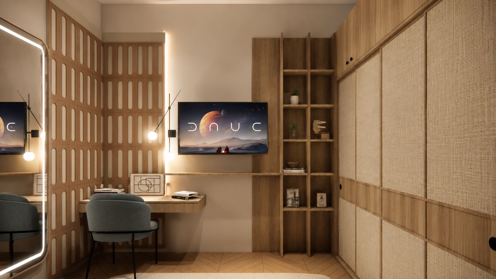 Contemporary bedroom interior featuring floating desk, cane weave sliding wardrobe doors, and back-lit wall paneling by Urban Box Studio
