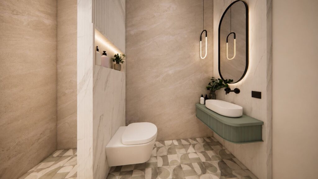 Minimalist powder room bathroom design with floating green vanity, oval LED mirror, and patterned floor tiles by Urban Box Studio