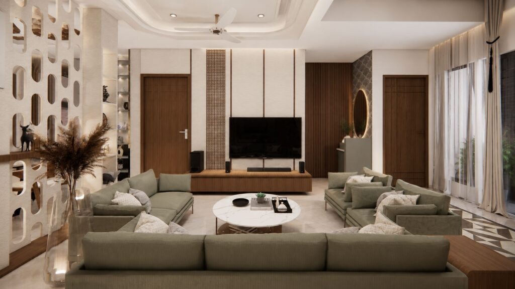 Modern living room interior with olive green sofas, low profile TV console, marble coffee table, and geometric partition by Urban Box Studio