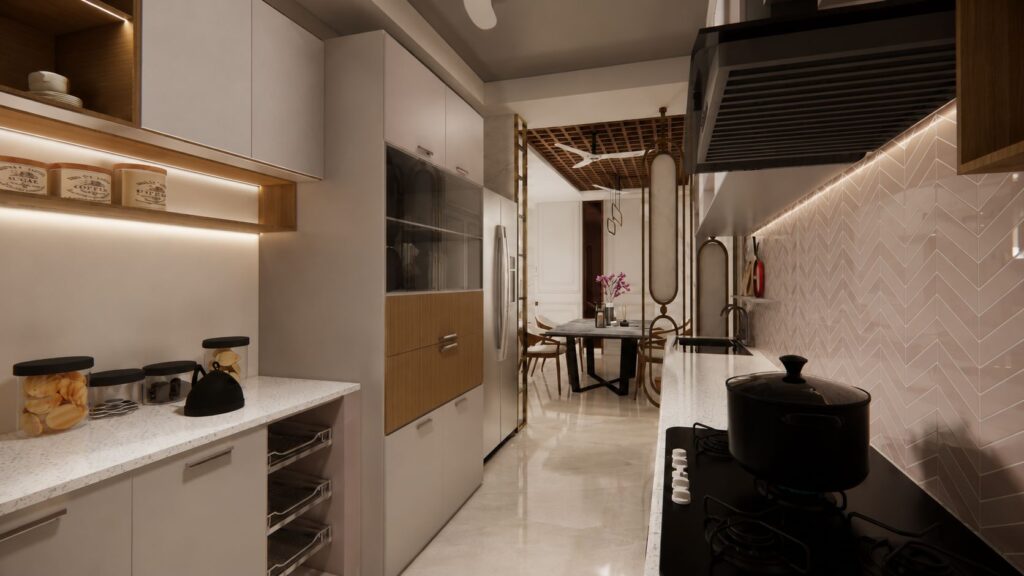 Modern modular kitchen interior with white quartz countertop, pink herringbone backsplash tile, and under-cabinet LED lighting by Urban Box Studio