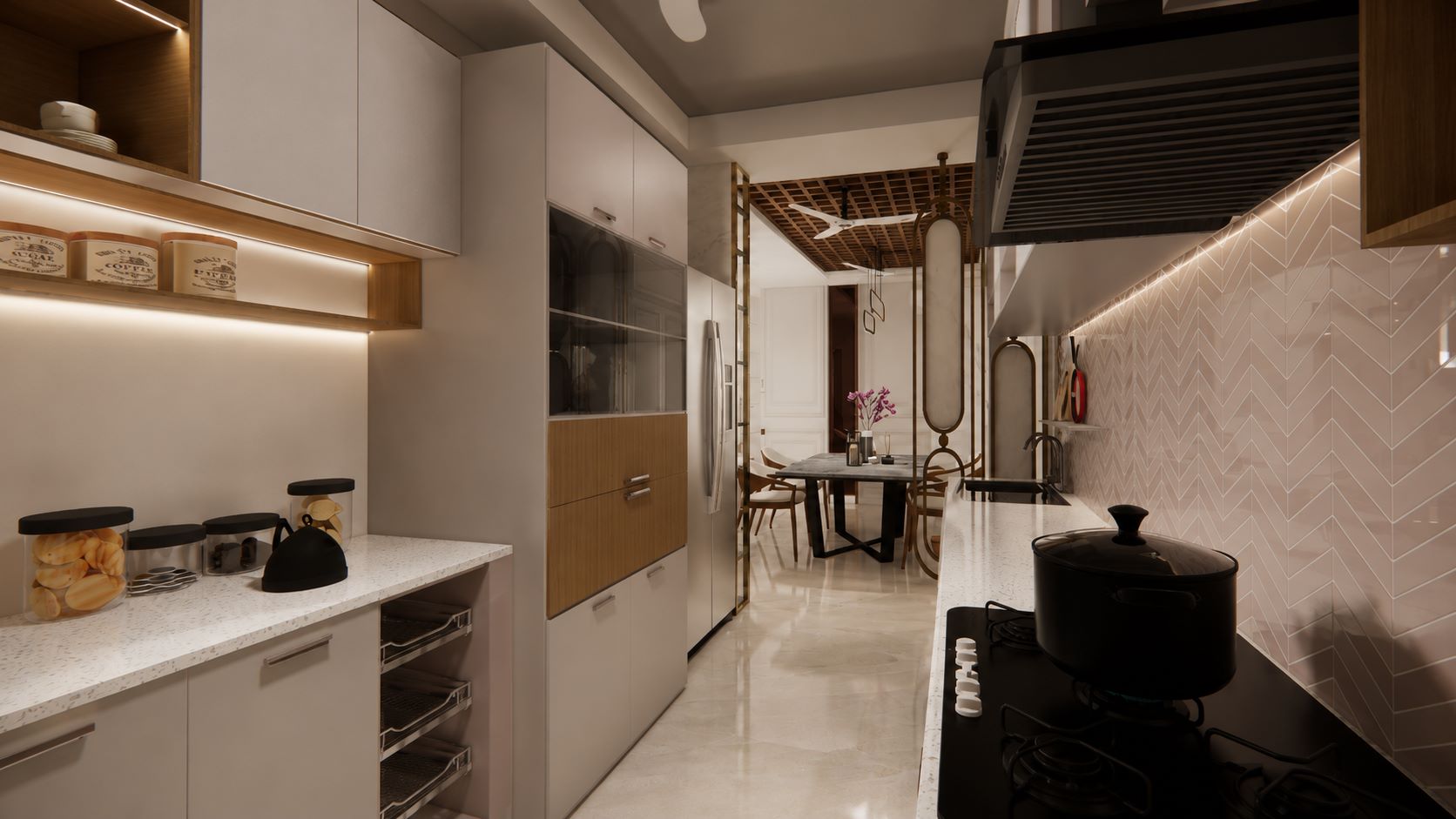 Modern modular kitchen interior with white quartz countertop, pink herringbone backsplash tile, and under-cabinet LED lighting by Urban Box Studio