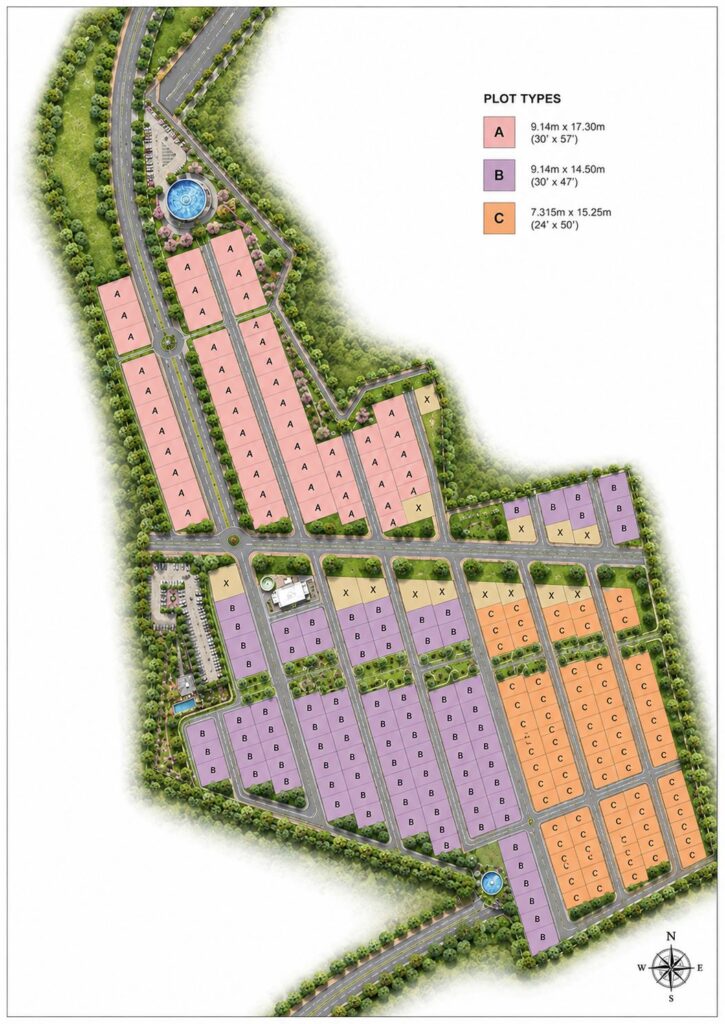 Nidhivan 7 Mathura master layout plan showing 40-acre 7 chakra wellness zones and plot types A B C by Urban Box Studio