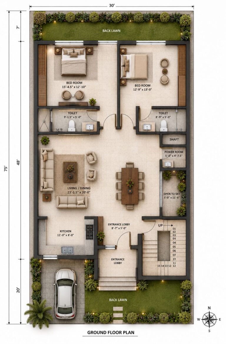 Nidhivan 7 luxury villa ground floor plan layout showing 2 bedrooms, living dining, kitchen, and back lawn by Urban Box Studio