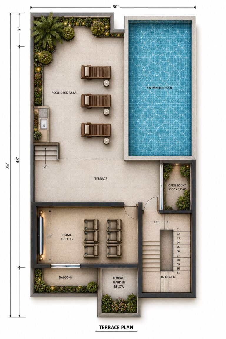 Nidhivan 7 luxury villa terrace plan featuring private rooftop swimming pool, pool deck, lounge chairs, and home theater by Urban Box Studio