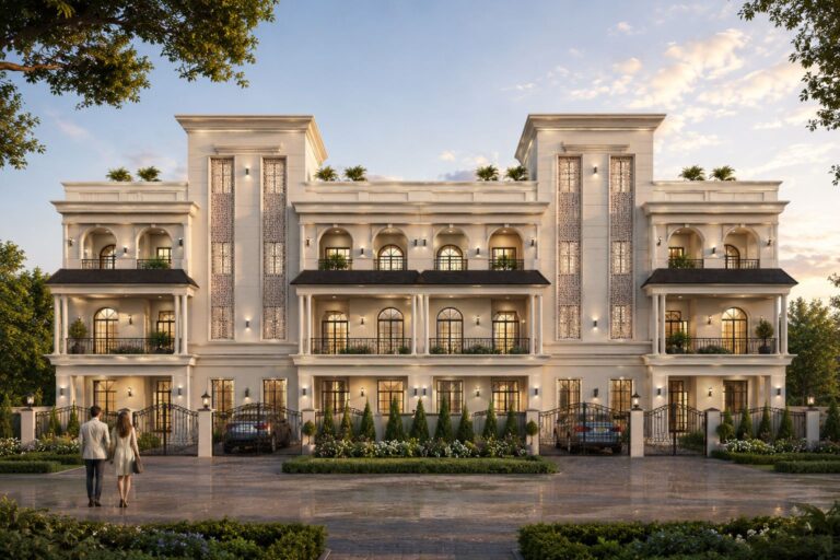 Neoclassical luxury villa facade architectural rendering for Nidhivan 7 Mathura with wrought iron gates and arched balconies by Urban Box Studio
