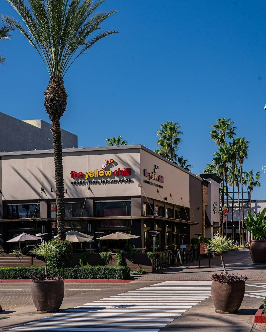 Exterior storefront view of The Yellow Chilli USA restaurant showing modern facade signage and patio seating framed by palm trees by Urban Box Studio