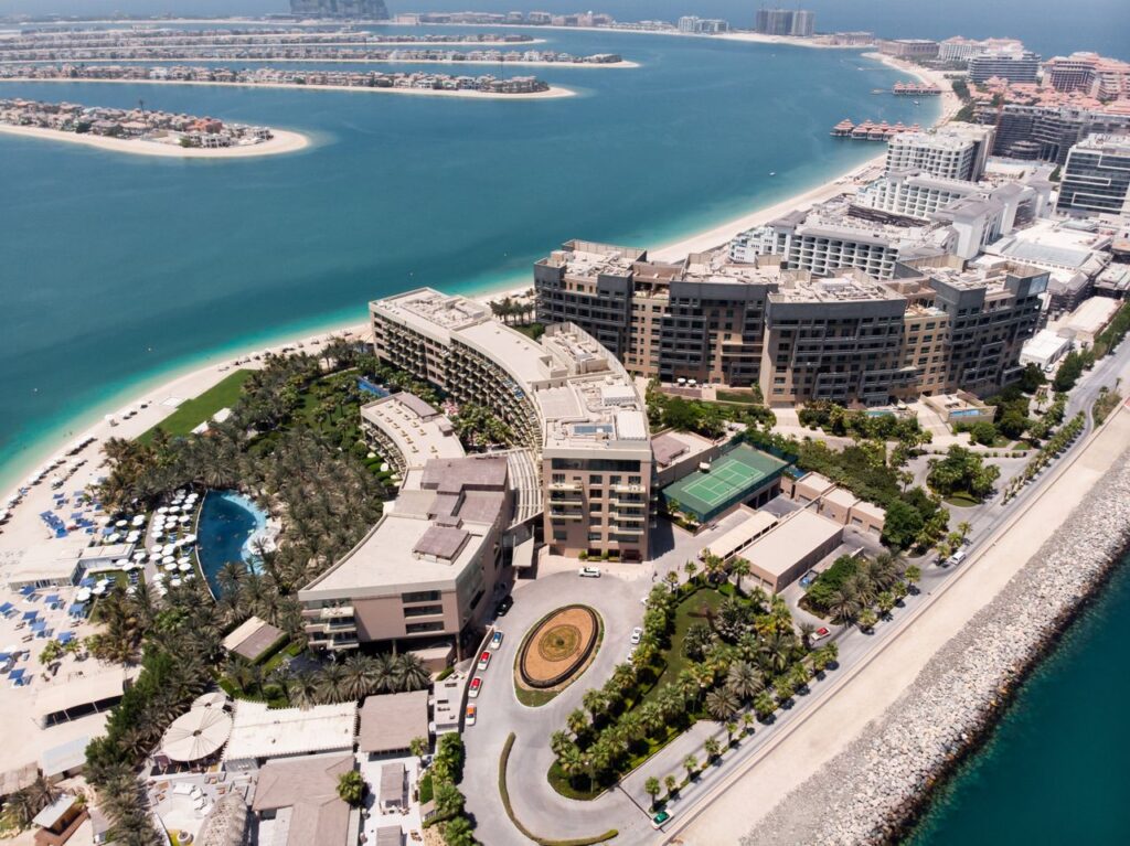 Stunning aerial view of luxury hotels on Palm Jumeirah, Dubai's iconic island.