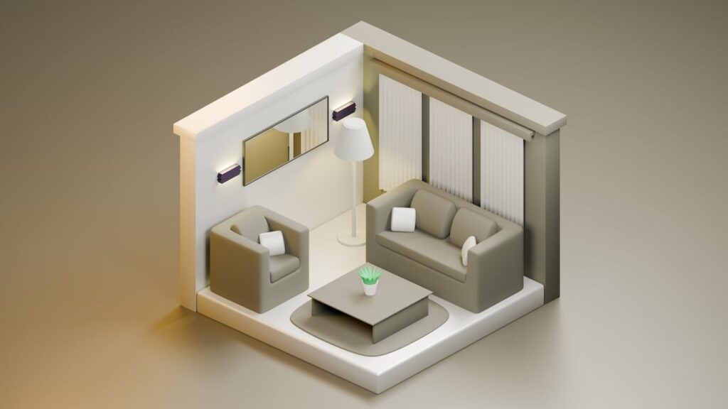 Modern isometric living room with minimalist design featuring cozy furniture and soothing colors.