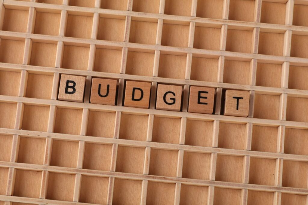 Wooden Scrabble tiles spelling 'budget' on a textured wooden grid, symbolizing financial planning.